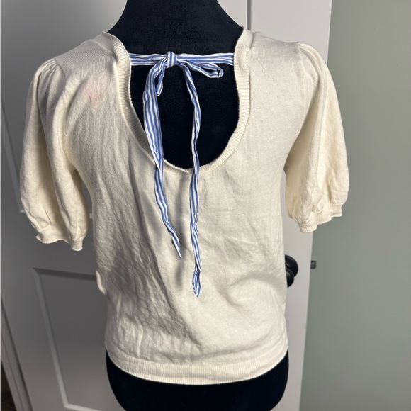 J Crew white Short-sleeve blue tie-back sweater cotton puff sleeve - Picture 4 of 8